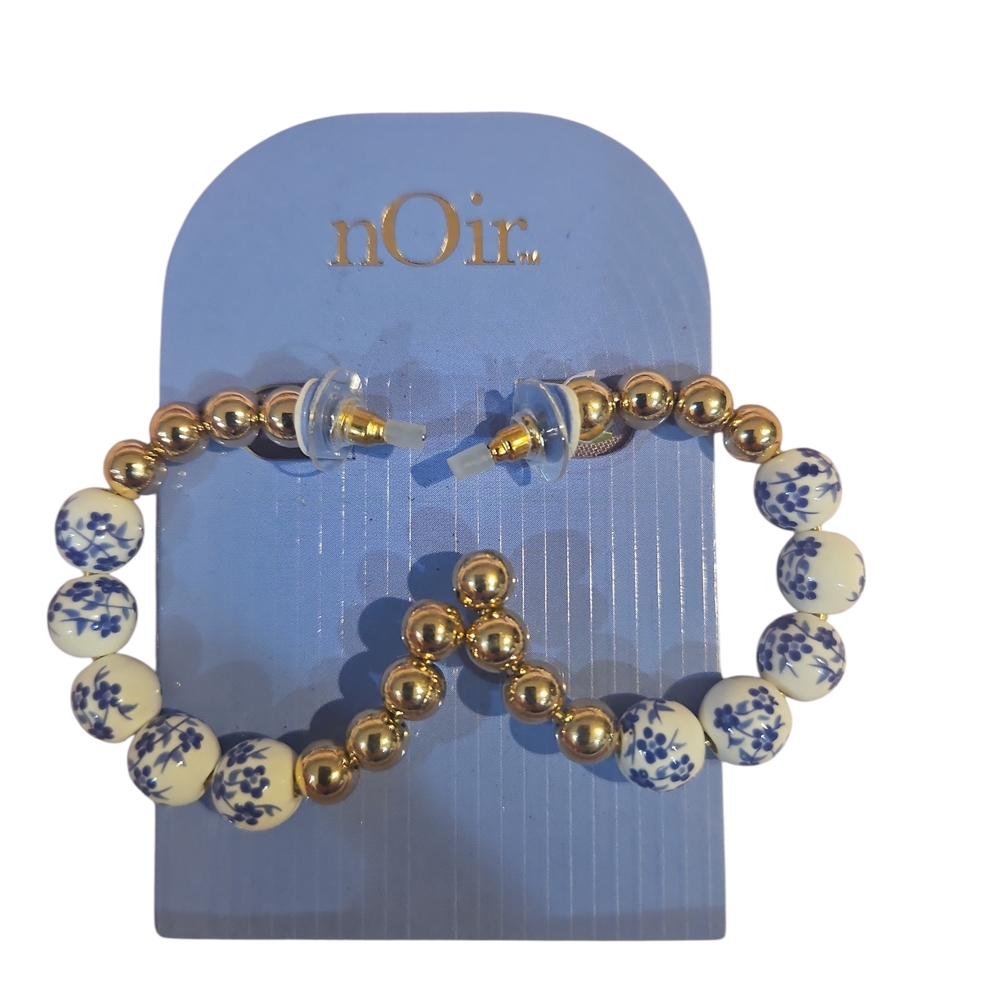 nOir Woman Ceramic Blue White Floral Goldtone Beaded Hoop Earrings